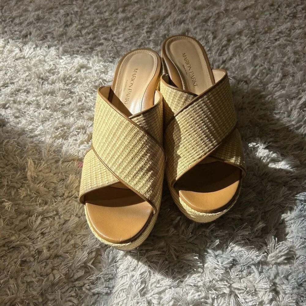 MARION PARKE Yellow Woven Crisscross Wedge Sandals